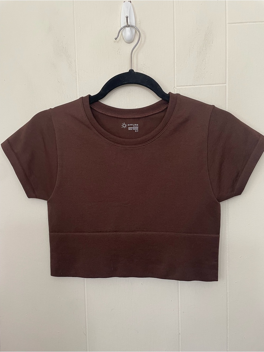Offline Aerie NEW Seamless Crop Top Size S Brown Short Sleeve Athleisure NWT